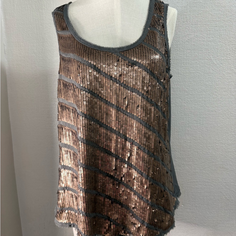 Loft Gold Sequin Striped in a Olive green Sheer Tank Top  Size MP